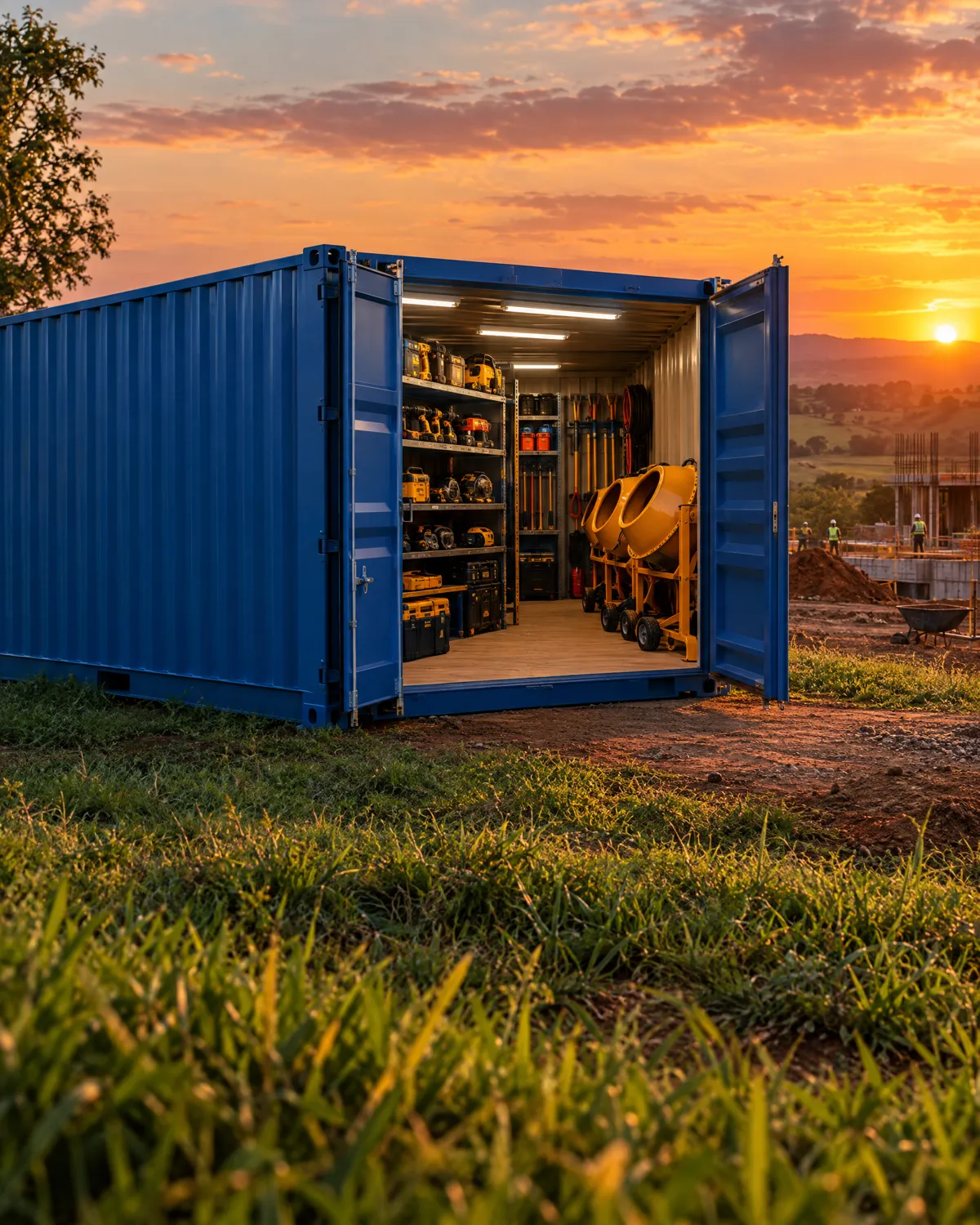 Container azul da MAC com equipamentos organizados