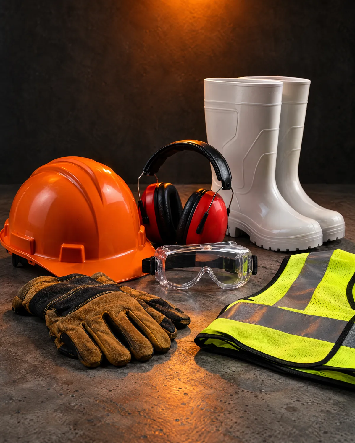 Capacete, abafador, óculos, luvas, botas de PVC e colete de segurança